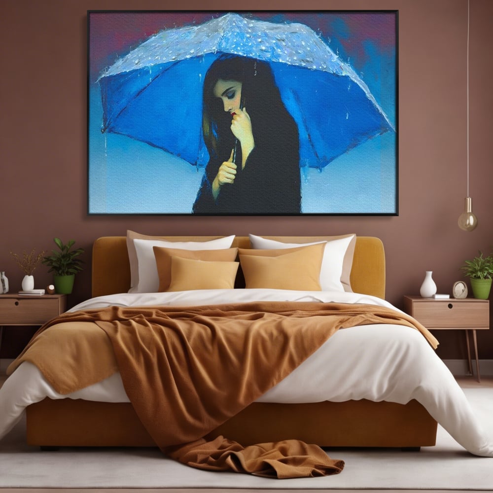 Tablou canvas cu pictura cu femeie sub umbrela albastra, in rama de aluminiu negru, pe perete intr-un dormitor